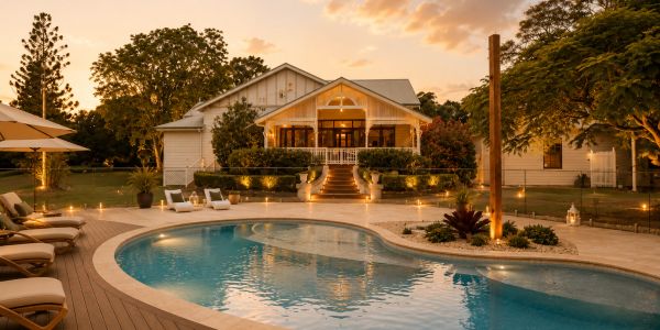Elegant house with a pool at sunset.