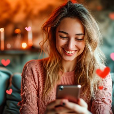 Woman staring at phone with hearts.  Seeking couples therapy