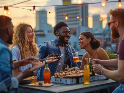 Young adults eating dinner smiling.  Seeking young adult therapy.