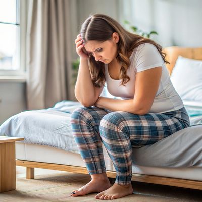 Woman sitting on bed looking down.  Seeking body image therapy.