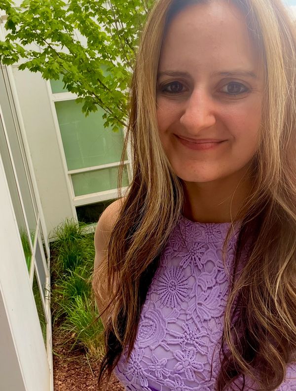 Woman in purple dress. 