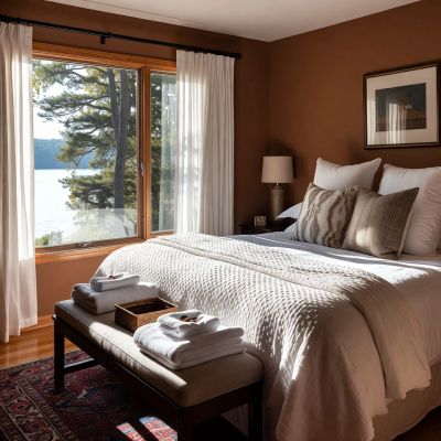Cozy bedroom with warm tones and a lake view through a large window.