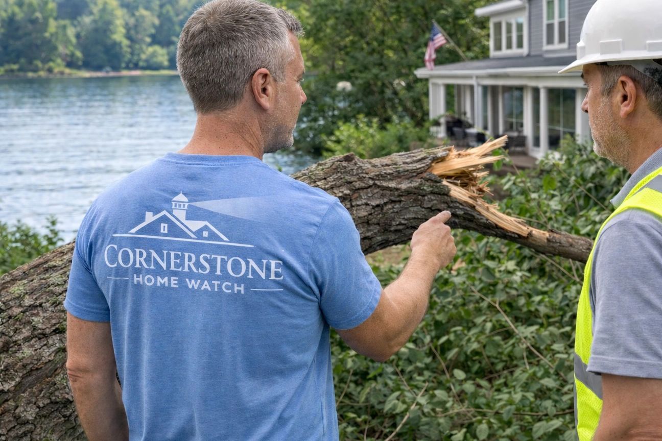 Two men inspect a fallen tree near a house by the water.