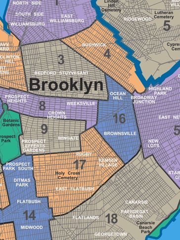Detailed neighborhood map of Brooklyn with highlighted districts and cemeteries.