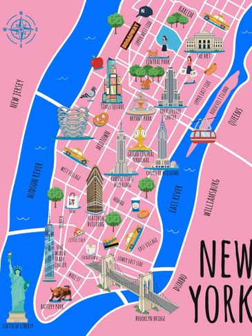 Illustrated map of New York City landmarks and neighborhoods.
