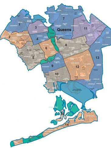 Map of Queens with numbered districts and neighborhoods.