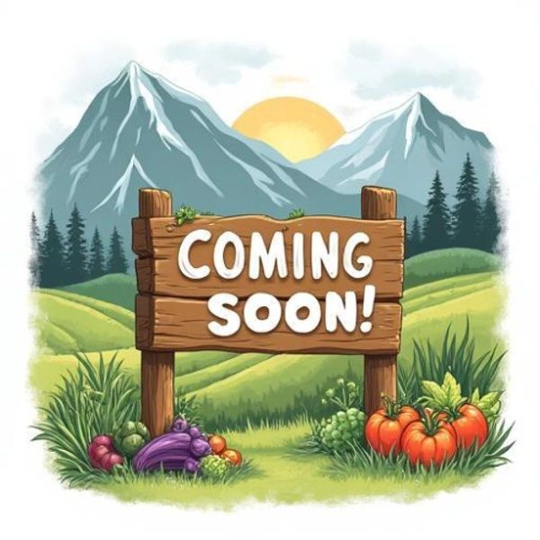 Rustic wooden sign saying Coming Soon with mountains and fresh vegetables.