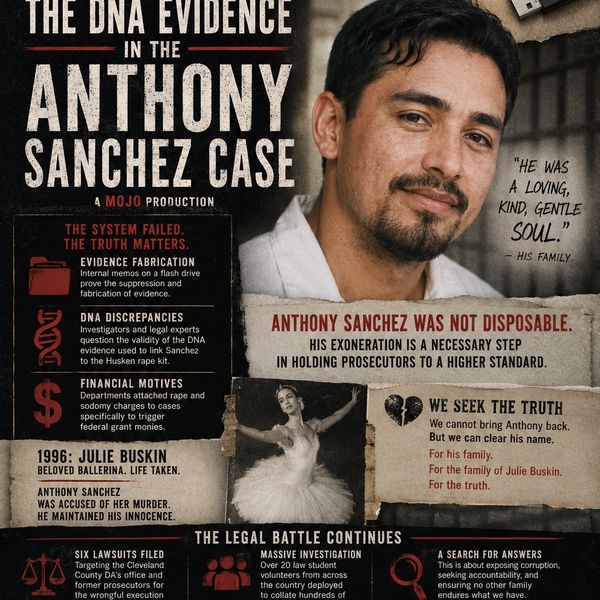 Poster highlighting DNA evidence and injustice in the Anthony Sanchez case.