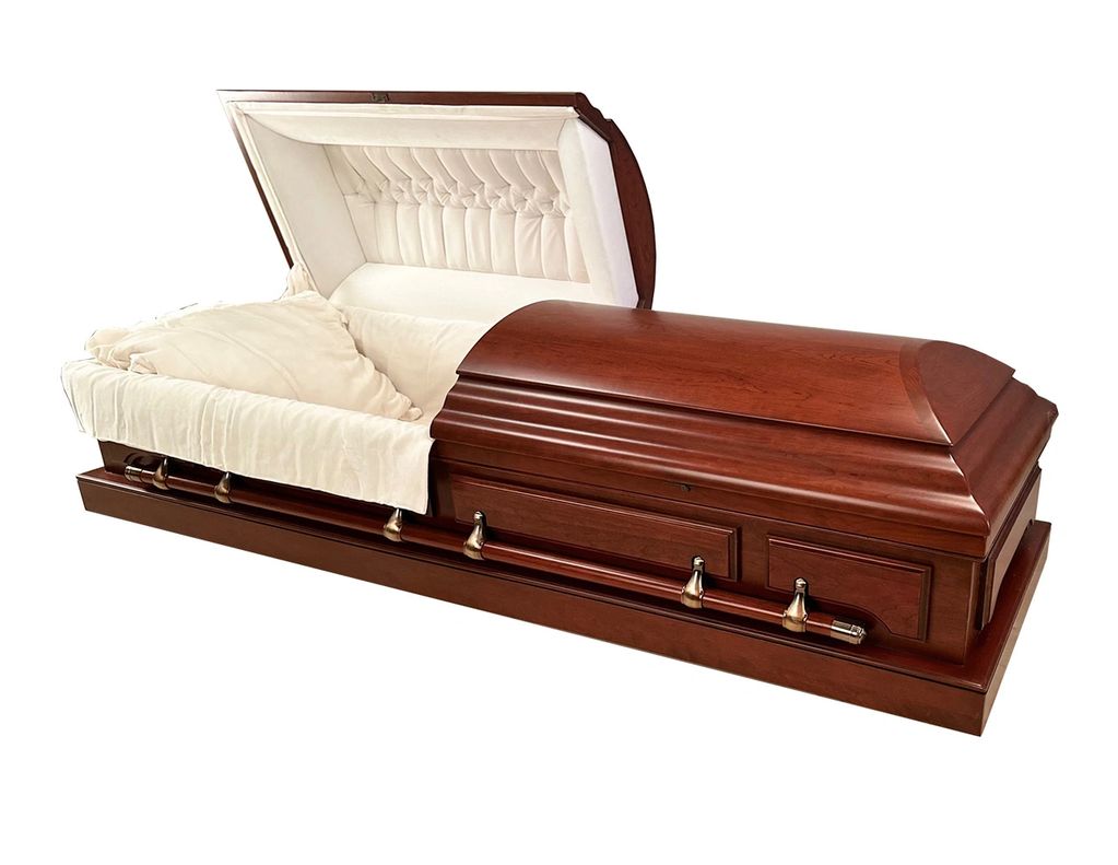 A half-open wooden casket with cushioned interior.