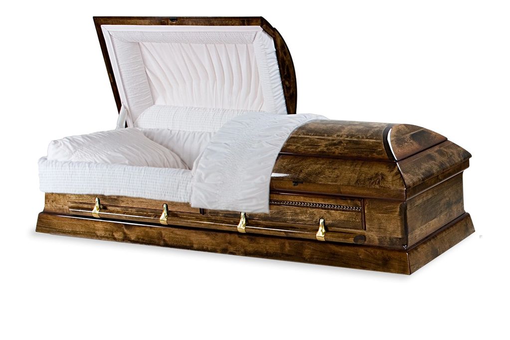 Open wooden coffin with white interior lining.