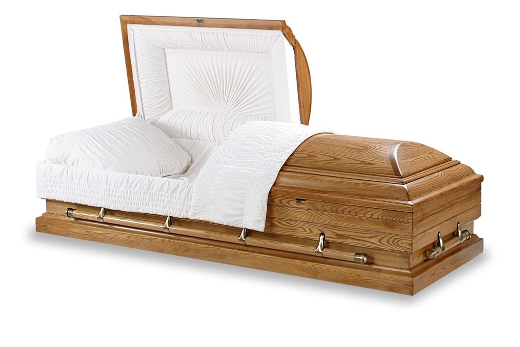 Open wooden casket with white interior.