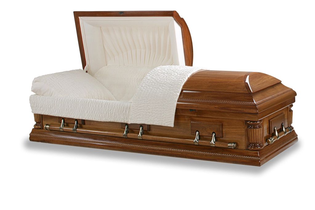 Open wooden casket with white interior lining.