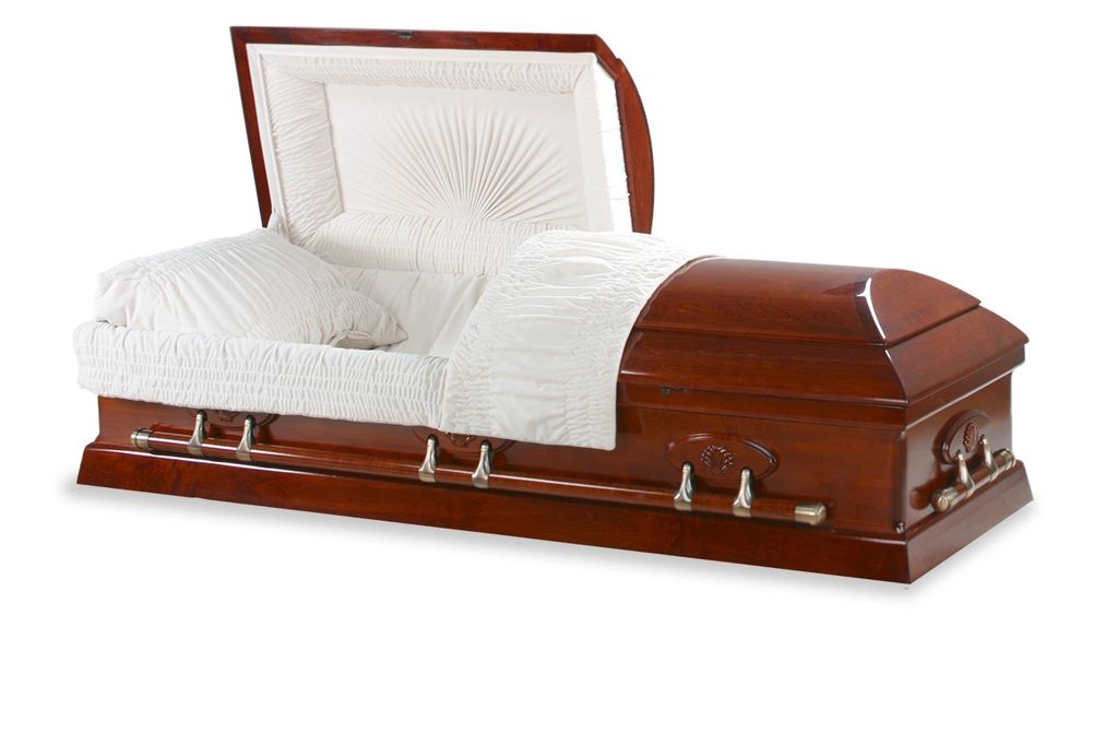 Open wooden casket with white interior.