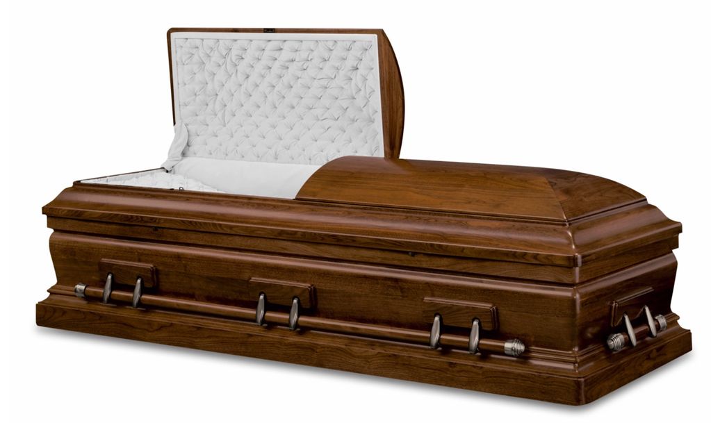 Brown wooden casket with an open lid.
