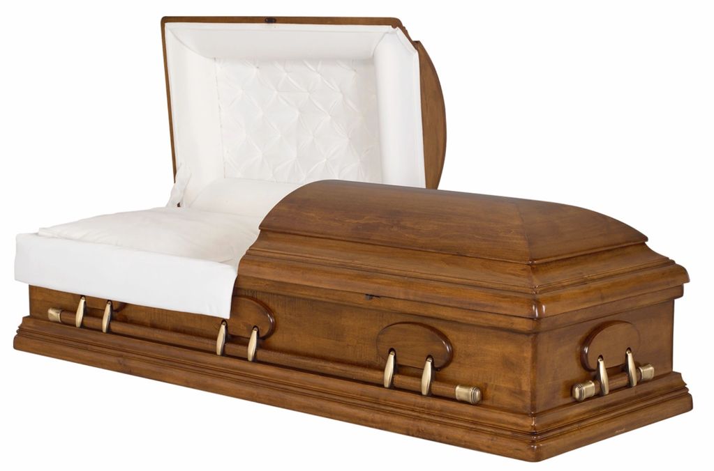 Wooden casket with white satin interior, half-open.