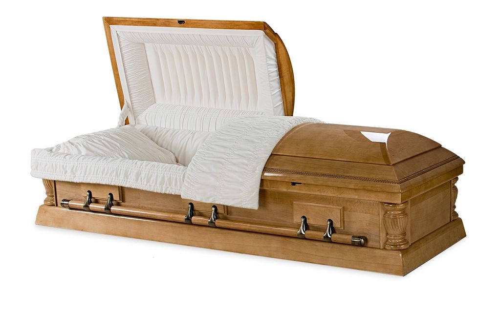 Open wooden casket with white interior lining.