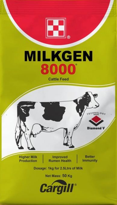 Package of MILKGEN 8000 cattle feed by Cargill with cow illustration.