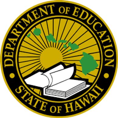 Seal of the Hawaii Department of Education with island map and book.
