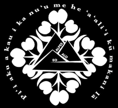A circular emblem with a central triangle and surrounding heart-shaped leaves.