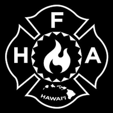 Hawaii Firefighters Association emblem with flame and island silhouette.