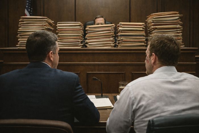Two men sitting in a courtroom facing a judge behind tall stacks of files.