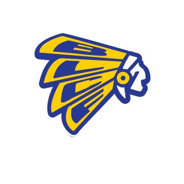 Yellow and blue Native American chief logo.