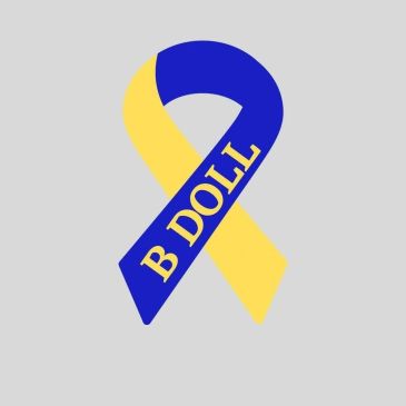 Blue and yellow awareness ribbon with text "B DOLL".