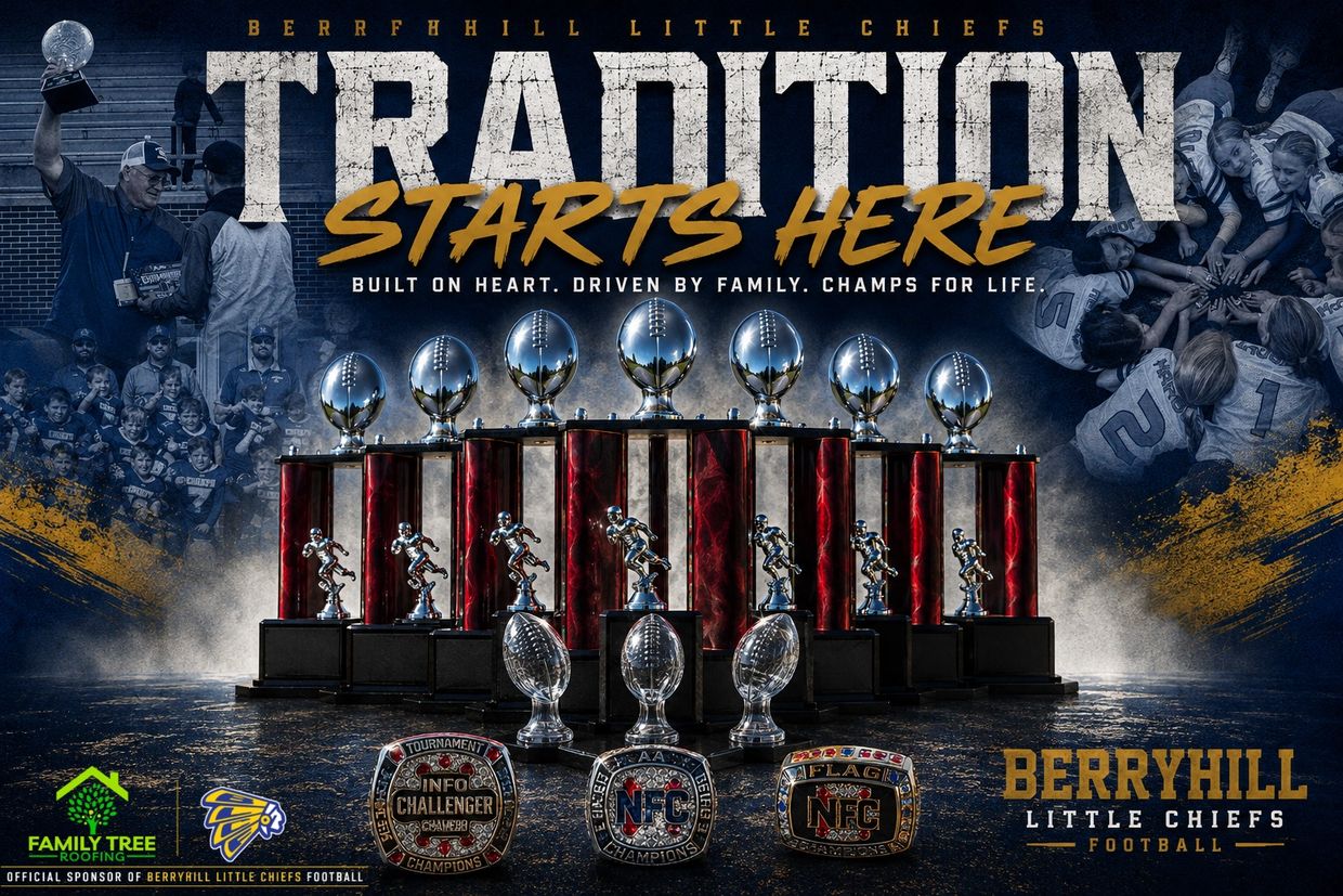 BERRYHILL LITTLE CHIEFS football trophies and championship rings.