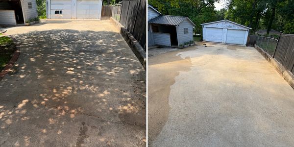 Side-by-side comparison of a driveway before and after cleaning.