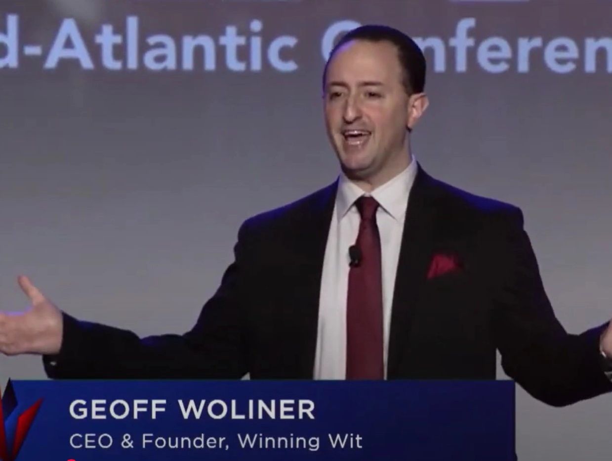 Geoff Woliner speaking at a conference, CEO &amp; Founder of Winning Wit.