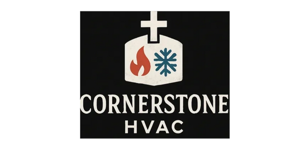 Logo for Cornerstone HVAC with fire and snowflake symbols under a cross.