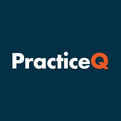 PracticeQ logo with bold white and orange text on dark background.
