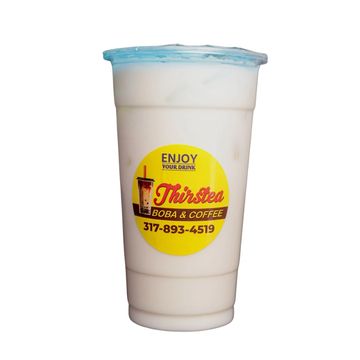 A white boba drink in a plastic cup with a blue lid and yellow Thirstea label.