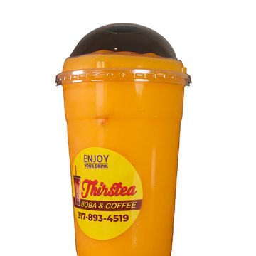 A bright orange cup of ThirsTea Boba &amp; Coffee with a black lid.