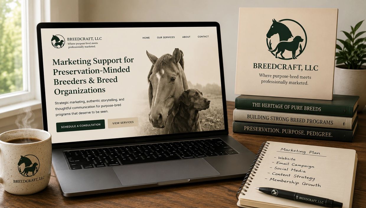 Workspace featuring BreedCraft, LLC branding with laptop, books, mug, and marketing plan notebook.