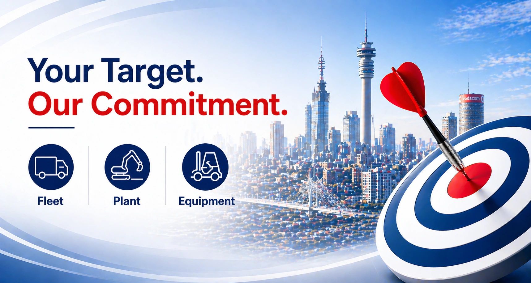 Target and commitment with cityscape and icons for fleet, plant, and equipment.