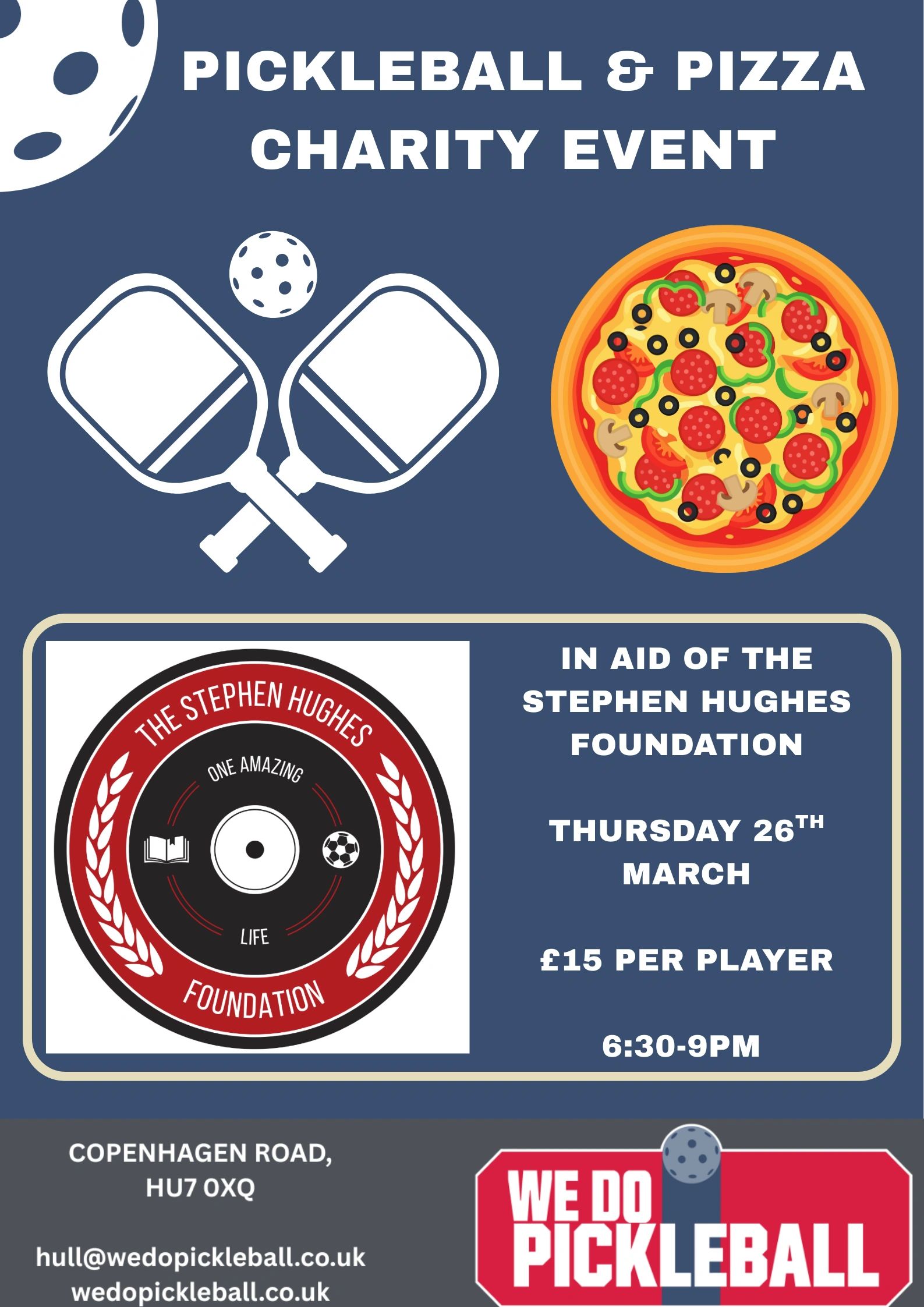 Charity pickleball and pizza event supporting the Stephen Hughes Foundation.