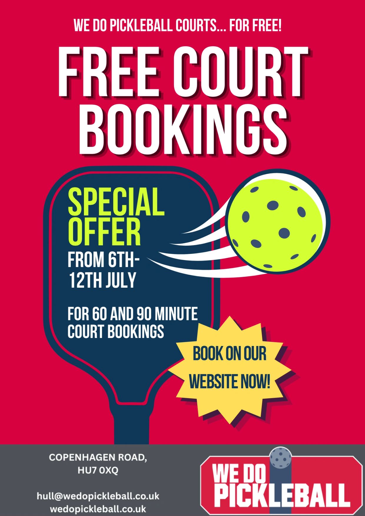 Sign says "FREE COURT BOOKINGS" in bold white text on red background.