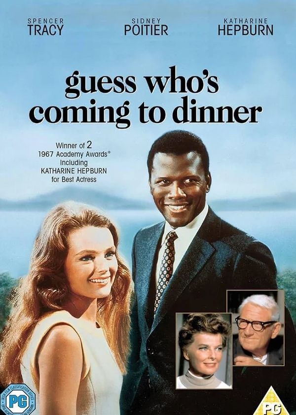 Poster for the movie 'Guess Who's Coming to Dinner' featuring main actors Spencer Tracy, Sidney Poitier, and Katharine Hepburn.