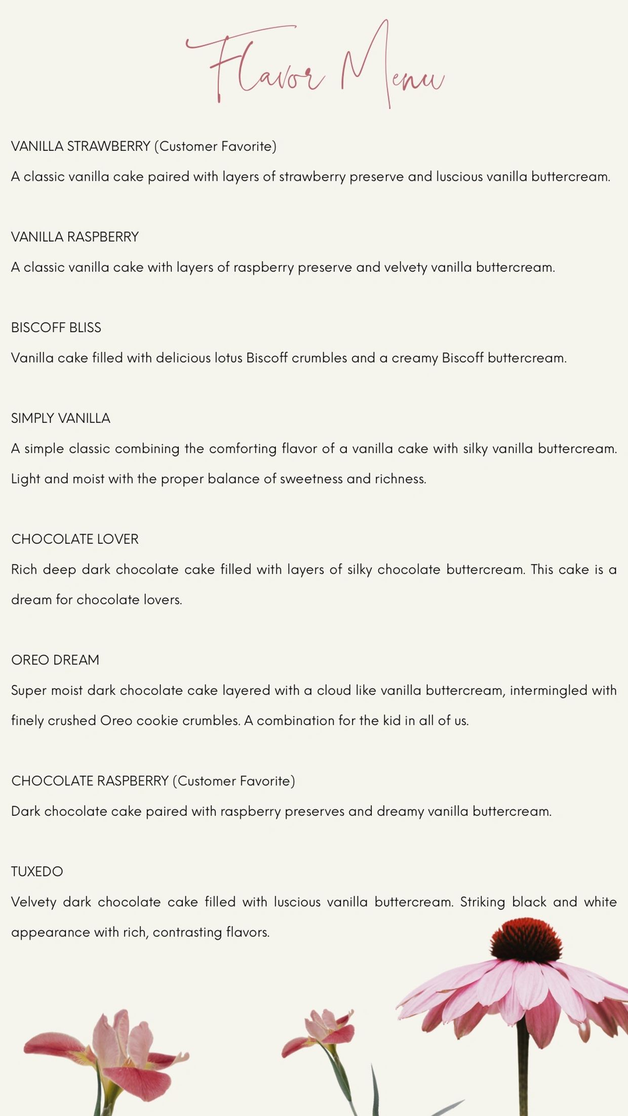 Cake flavor menu Lisa’s Bouqcakes cakes