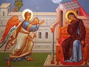 Religious icon of an angel and a seated woman with halo.