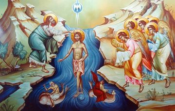 Religious painting of Jesus' baptism in a river.