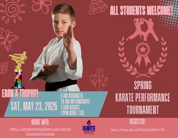 Young boy in karate uniform promoting a spring karate tournament.
