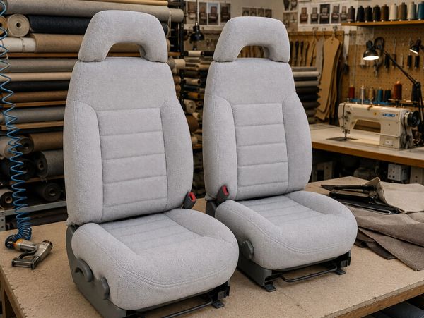 Two gray car seats on a workbench in a workshop.