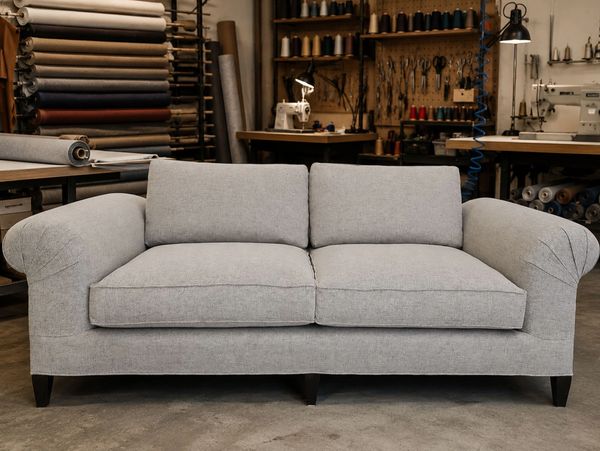 Gray sofa in an upholstery workshop.