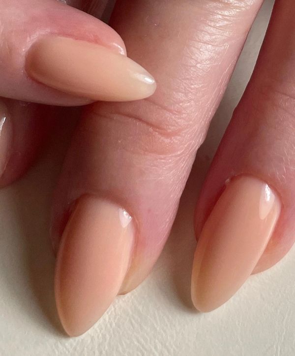Almond shaped nude nails using Nail Thoughts Hazelnut Creamer Gel Base, Japanese Gel