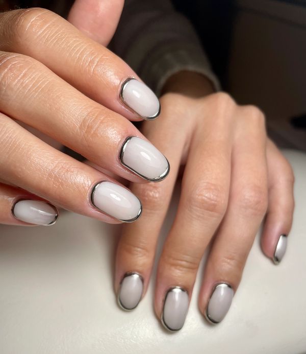 Short Oval Nails using Nail Thoughts Milky White Japanese Gel from Kokist w/ Chrome Border (Level 2 