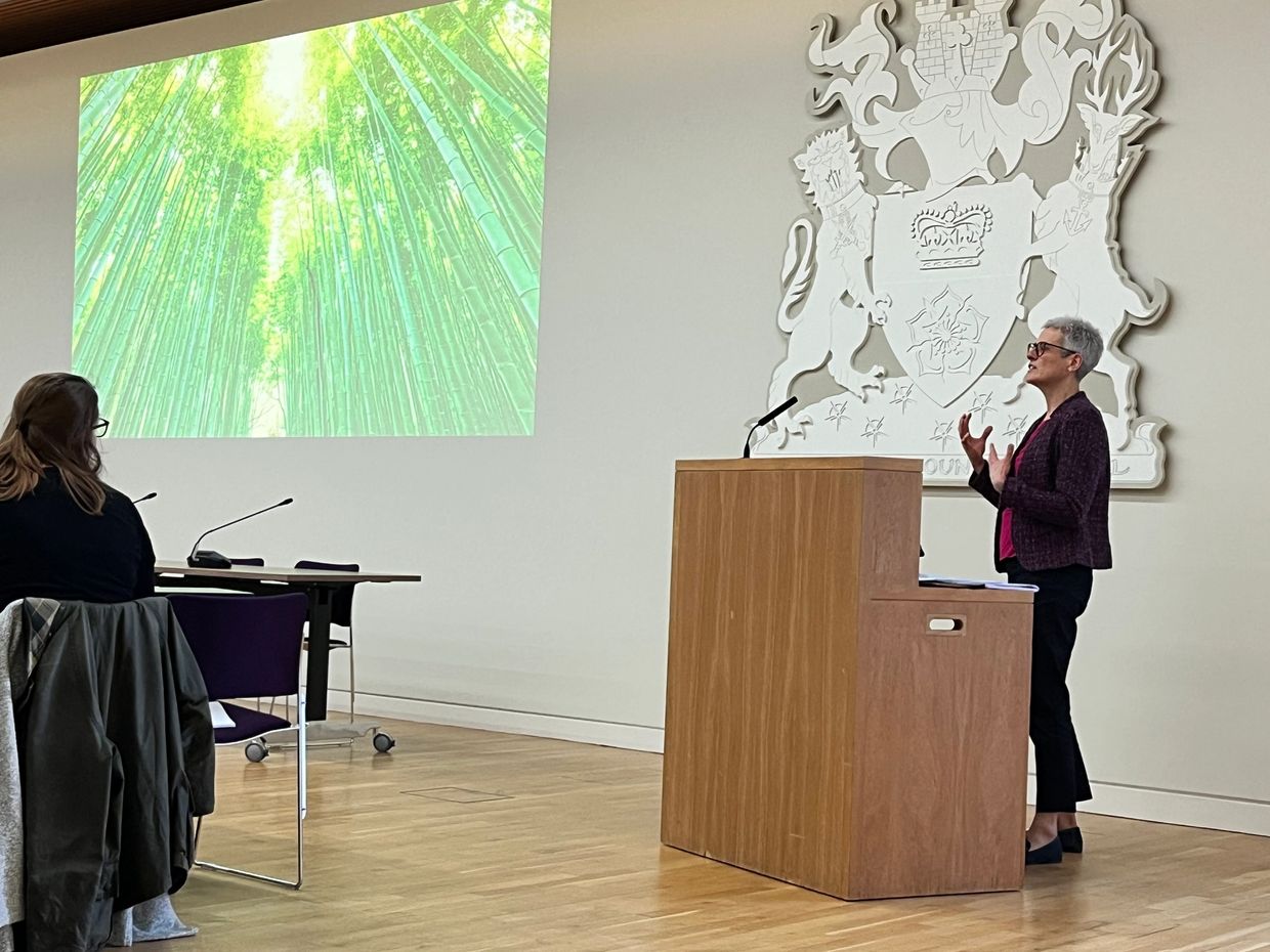 Person talking to an audience in a room with a slide showing bamboo trees to represent resilience