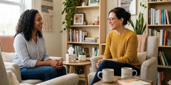 Two women engaged in a friendly conversation in a cozy, book-filled room.