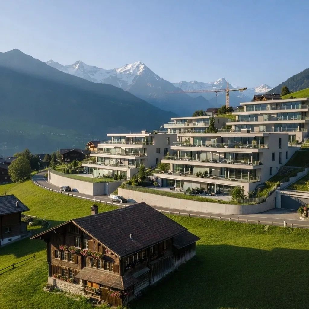 Résidence d’appartements modernes avec vue sur les montagnes dans le canton de Vaud.